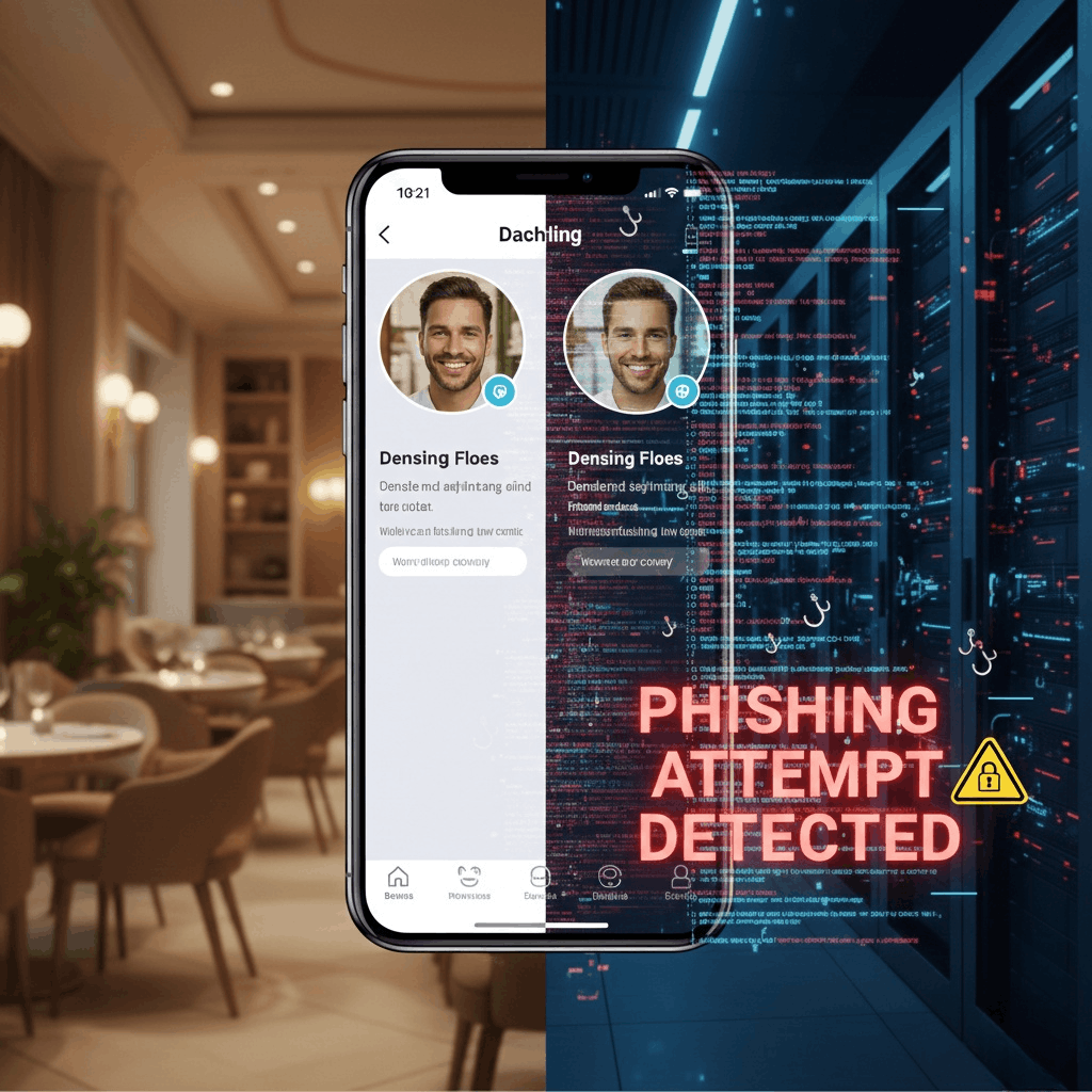A split-screen illustration showing a dating profile on one side and a sophisticated phishing email alert on the other.