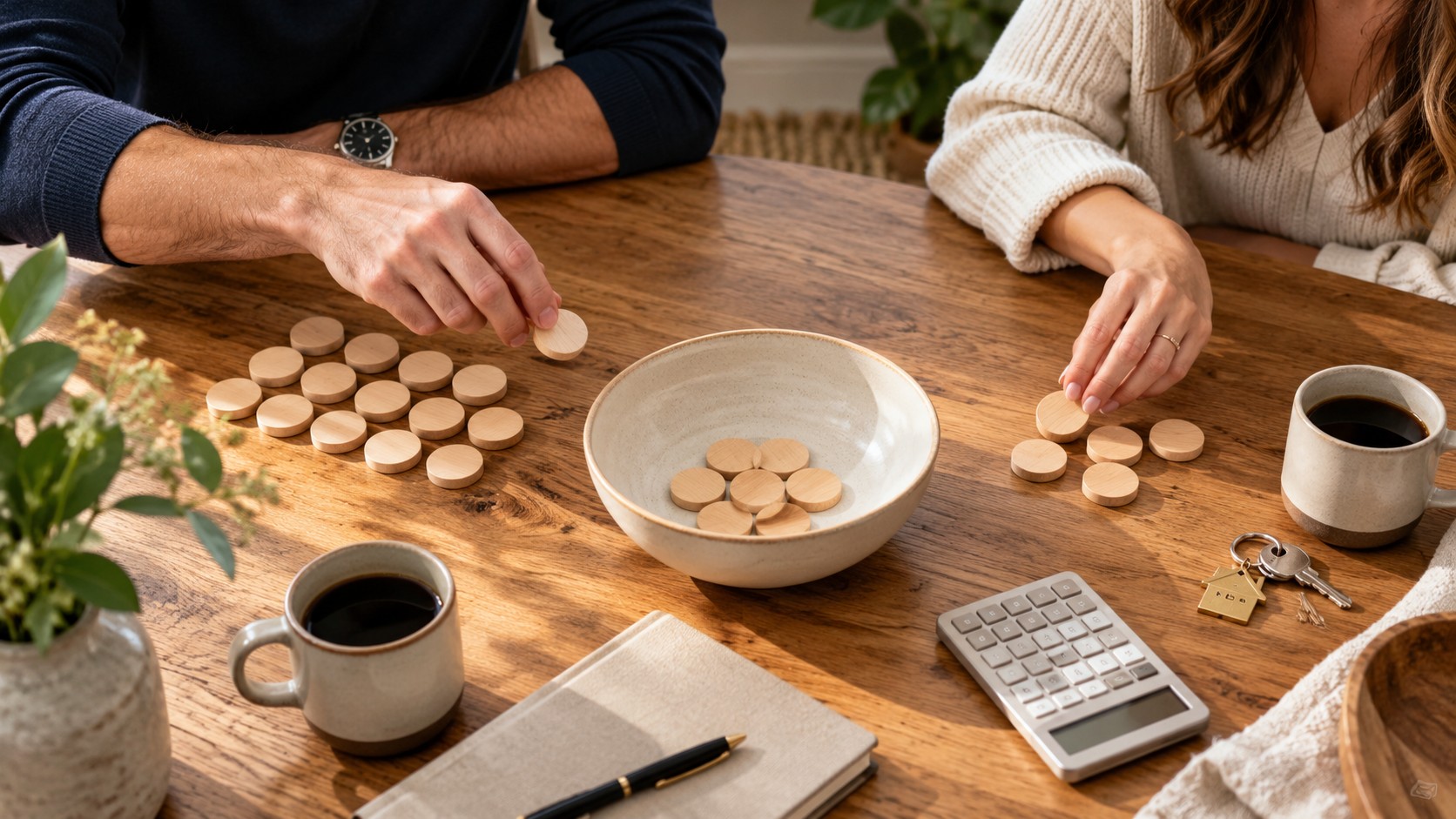 Two unequal groups of counters sit beside a shared bowl, calculator, and house key.