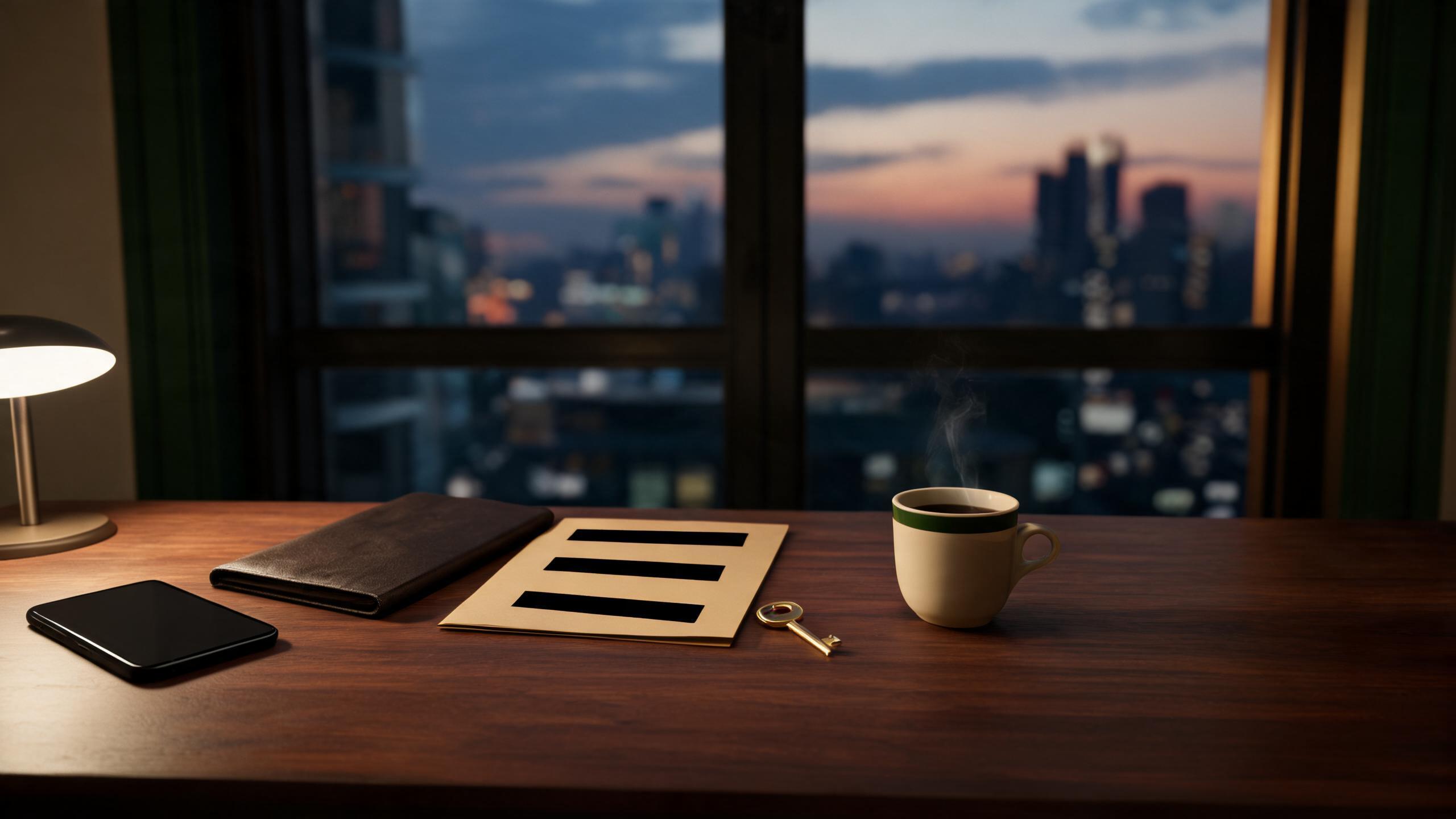 A phone, a leather notebook, a redacted folder, a brass key, and coffee on a desk at dusk.