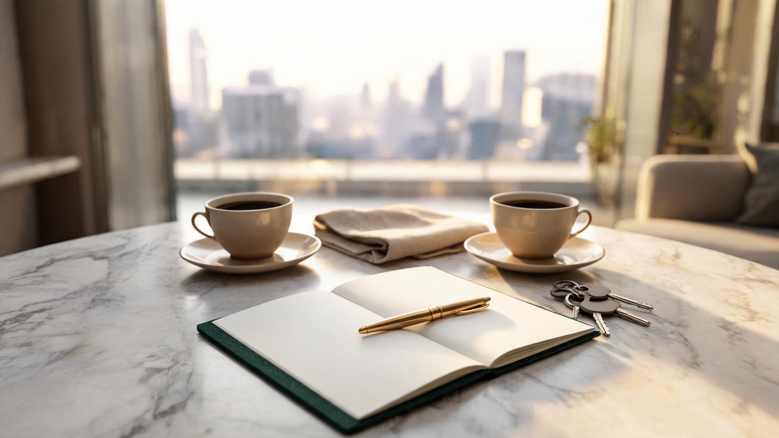 Two coffee cups, a notebook, a pen, and keys on a marble table.