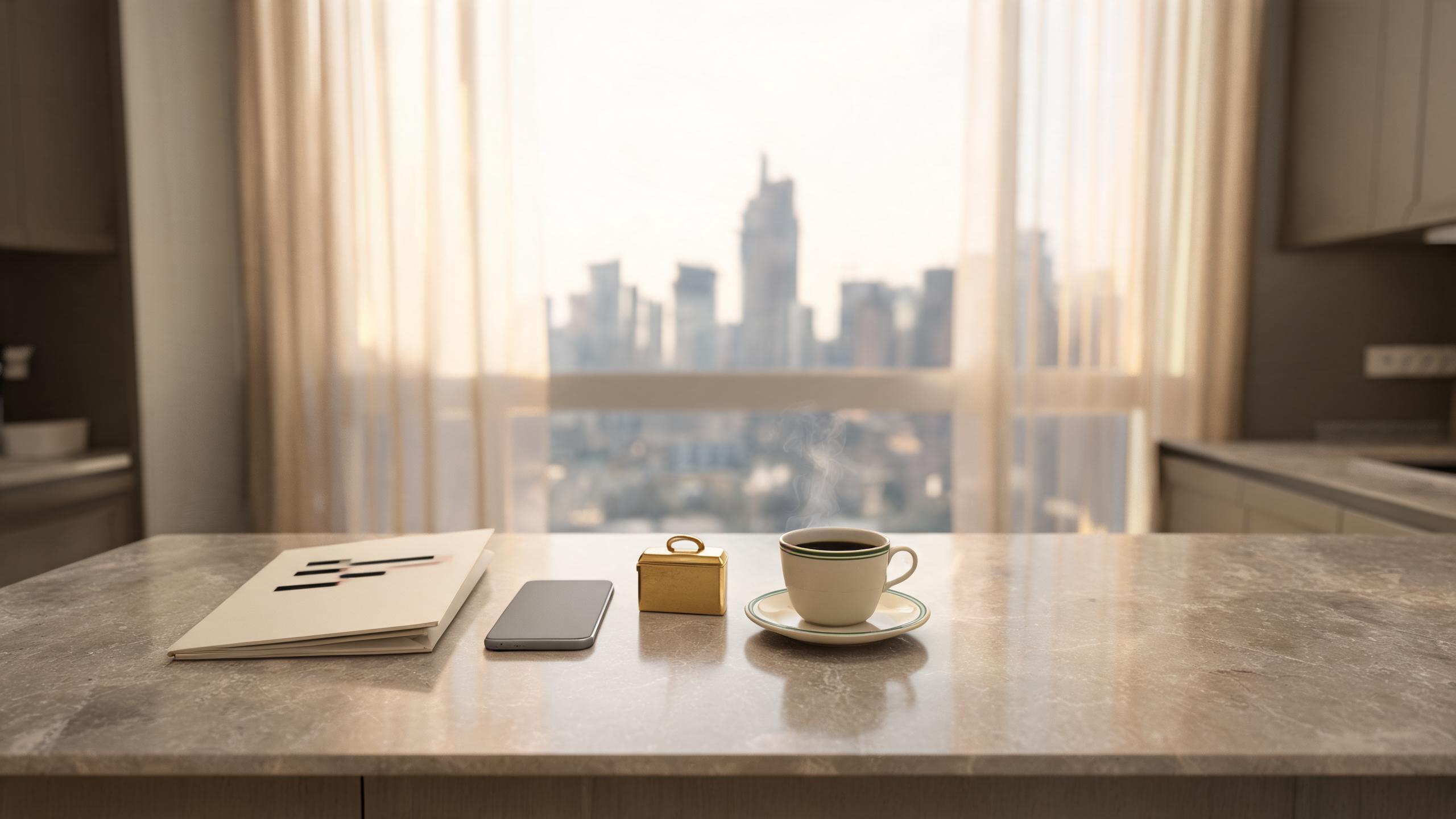 A folder, a phone, a brass lockbox, and coffee on a bright kitchen island.