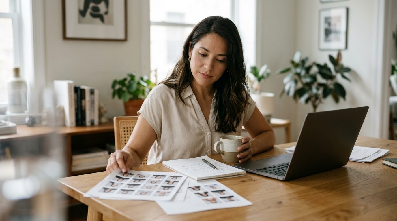 A professional woman sits at a sunlit wooden desk reviewing contact sheets and a handwritten notepad beside a laptop.