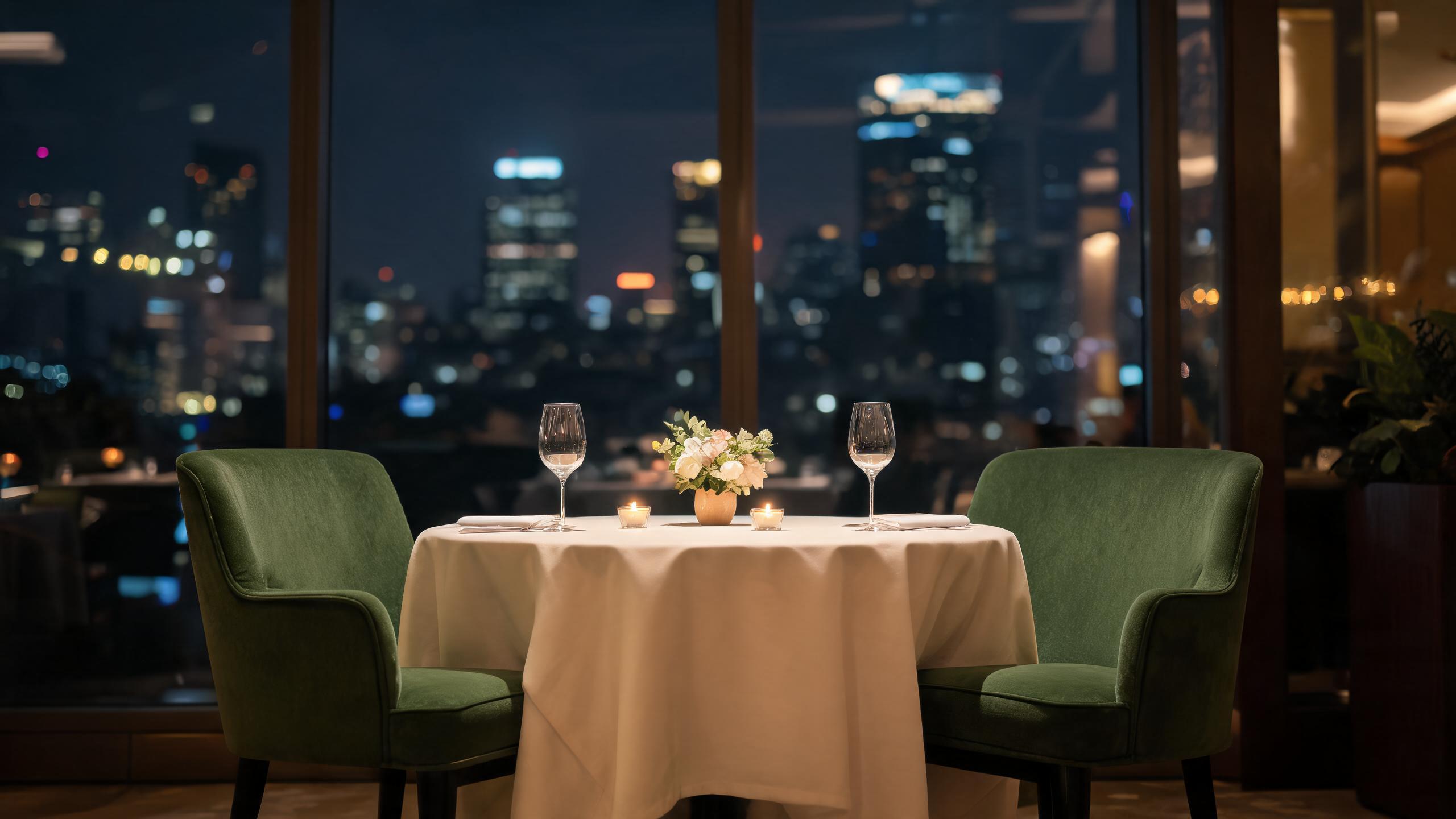 Two empty chairs and wine glasses at a candlelit table for two with a city skyline.