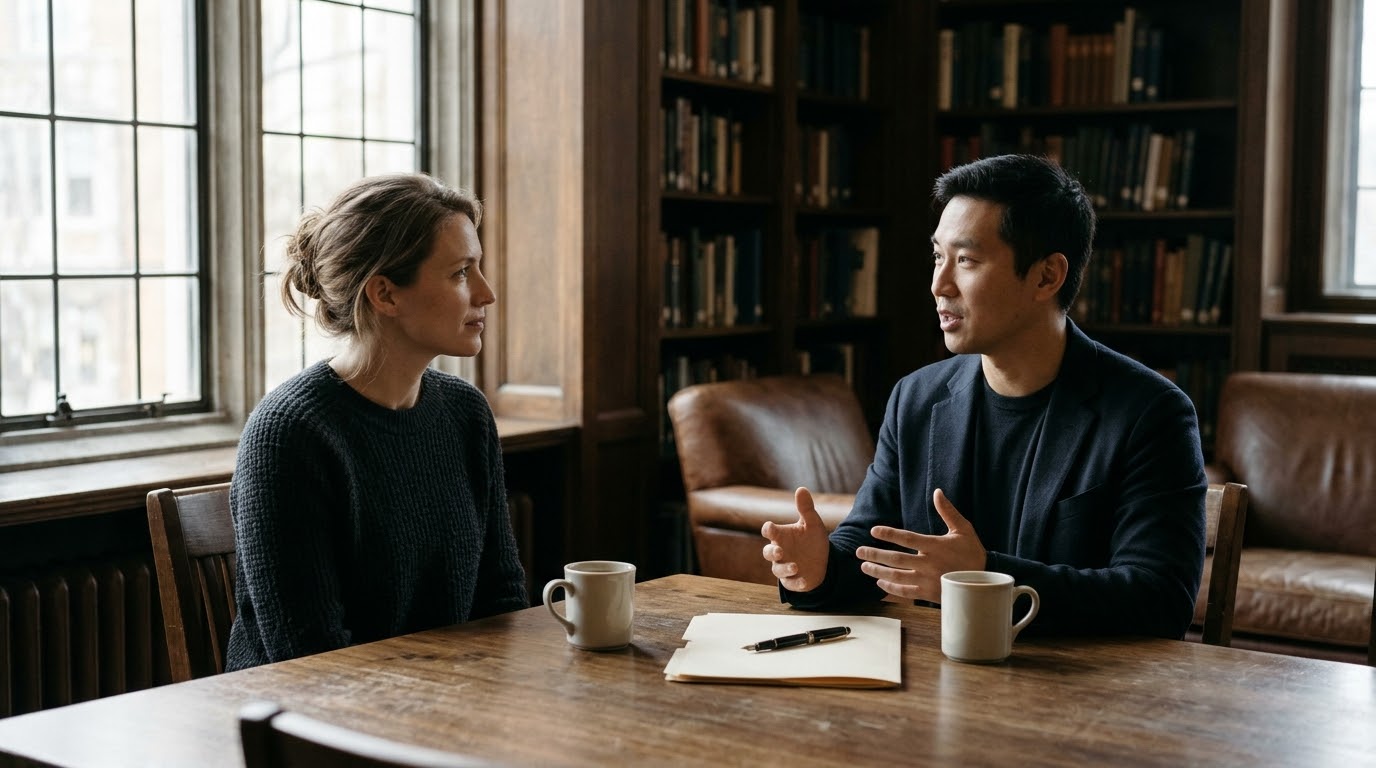 Two accomplished adults converse calmly over tea at a quiet walnut library table with a closed folder between them.