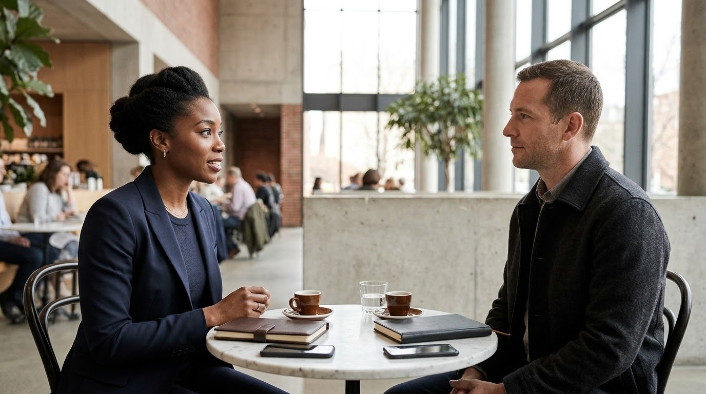Two accomplished professionals share a focused conversation over espresso in a sunlit museum cafe with their phones face down.