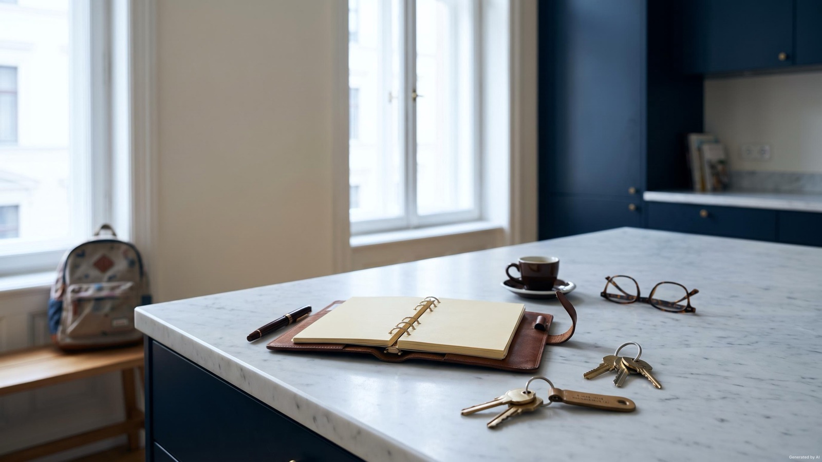 An open planner, two sets of house keys, a fountain pen, and an espresso cup on a marble kitchen island at dawn.