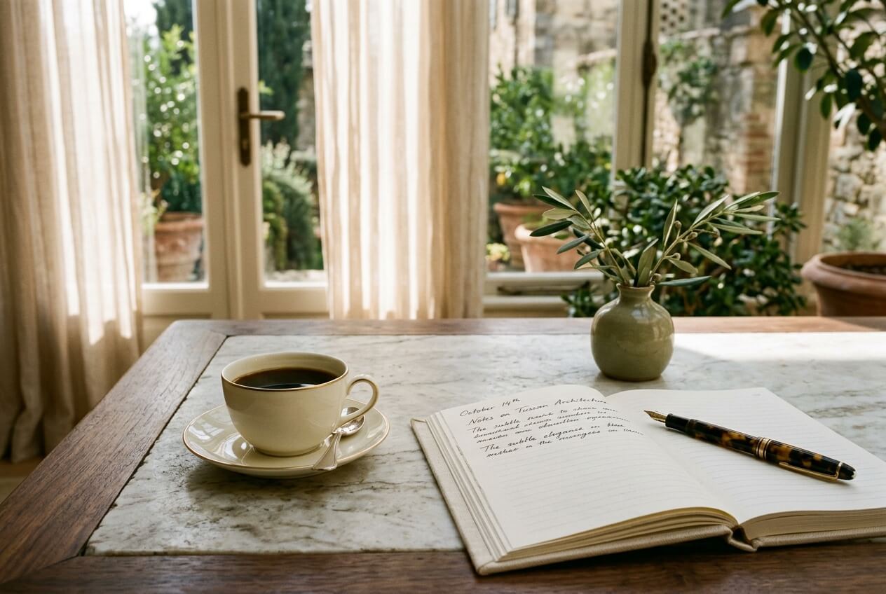A coffee cup, an open notebook with handwritten notes, and a fountain pen on a marble-topped wooden table beside a sunlit garden window.