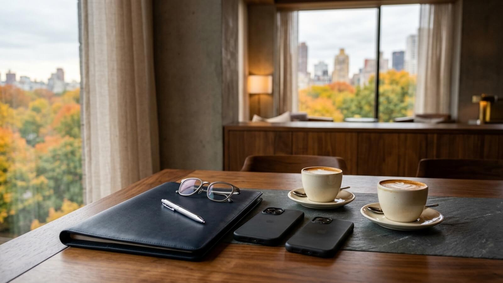 Two porcelain coffee cups, a closed navy leather portfolio, a silver pen, eyeglasses, and two phones placed face down on a walnut table.