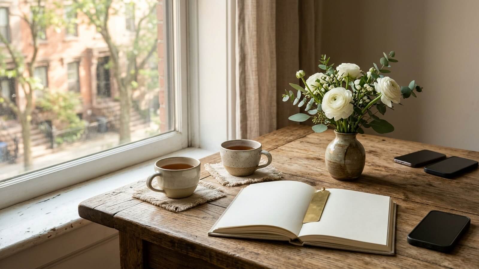 Two handmade ceramic teacups on linen coasters, a blank journal with a brass bookmark, white flowers, and two phones placed face down on an oak table.
