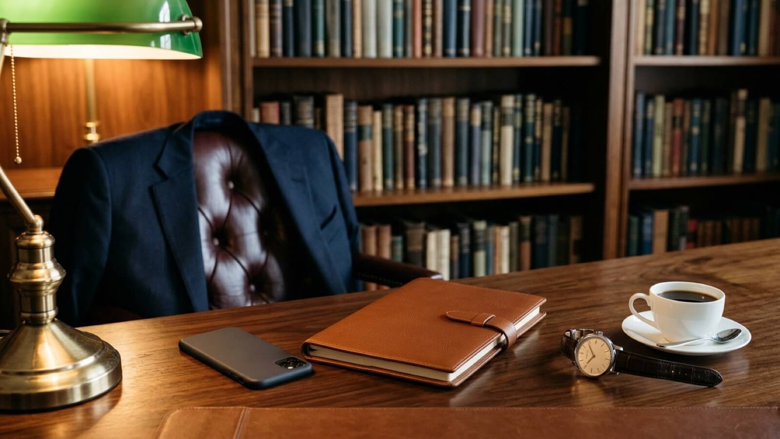 A fountain pen on a closed leather folder, a brass seal stamp, two coffee cups, and two phones placed face down on a walnut library table.