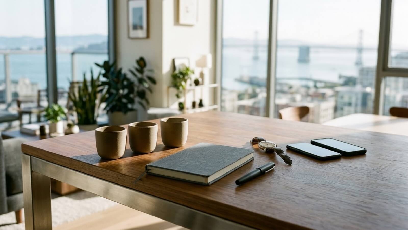 A leather journal with a brass pen, an espresso cup, tortoiseshell sunglasses, a compass paperweight, and a phone face down on a sunlit teak table.