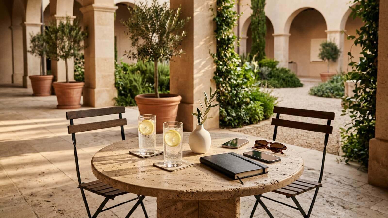 Two porcelain espresso cups on a brass tray, a closed linen notebook, a wristwatch, and two phones face down on a walnut table beside a leather weekender bag.