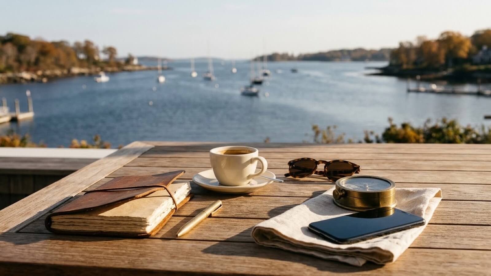 Two ceramic espresso cups, a closed slate linen notebook, a matte black pen, a wristwatch, and two phones placed face down on a walnut desk.