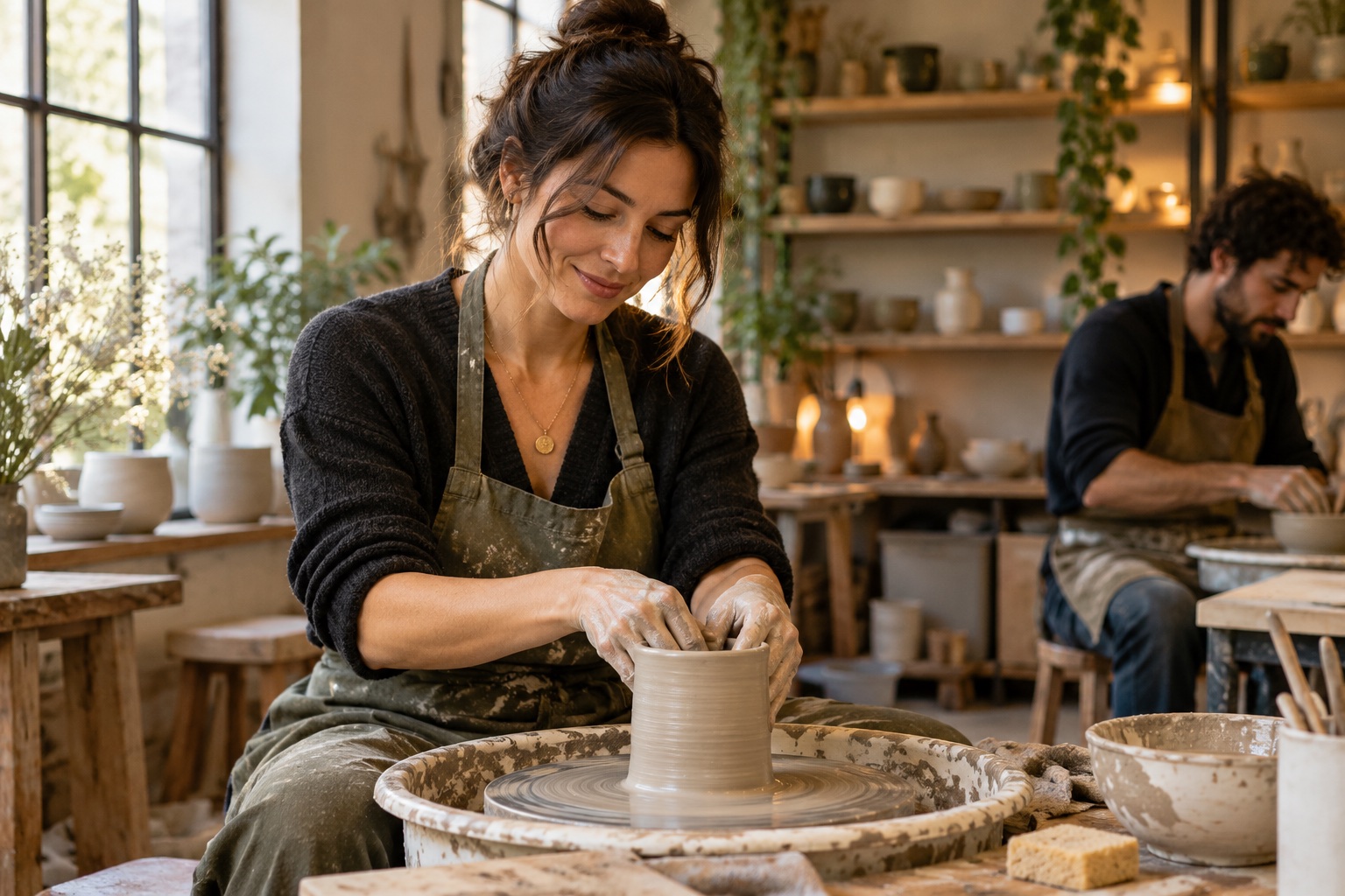 A woman shapes a clay vessel at a pottery studio while another person works nearby.