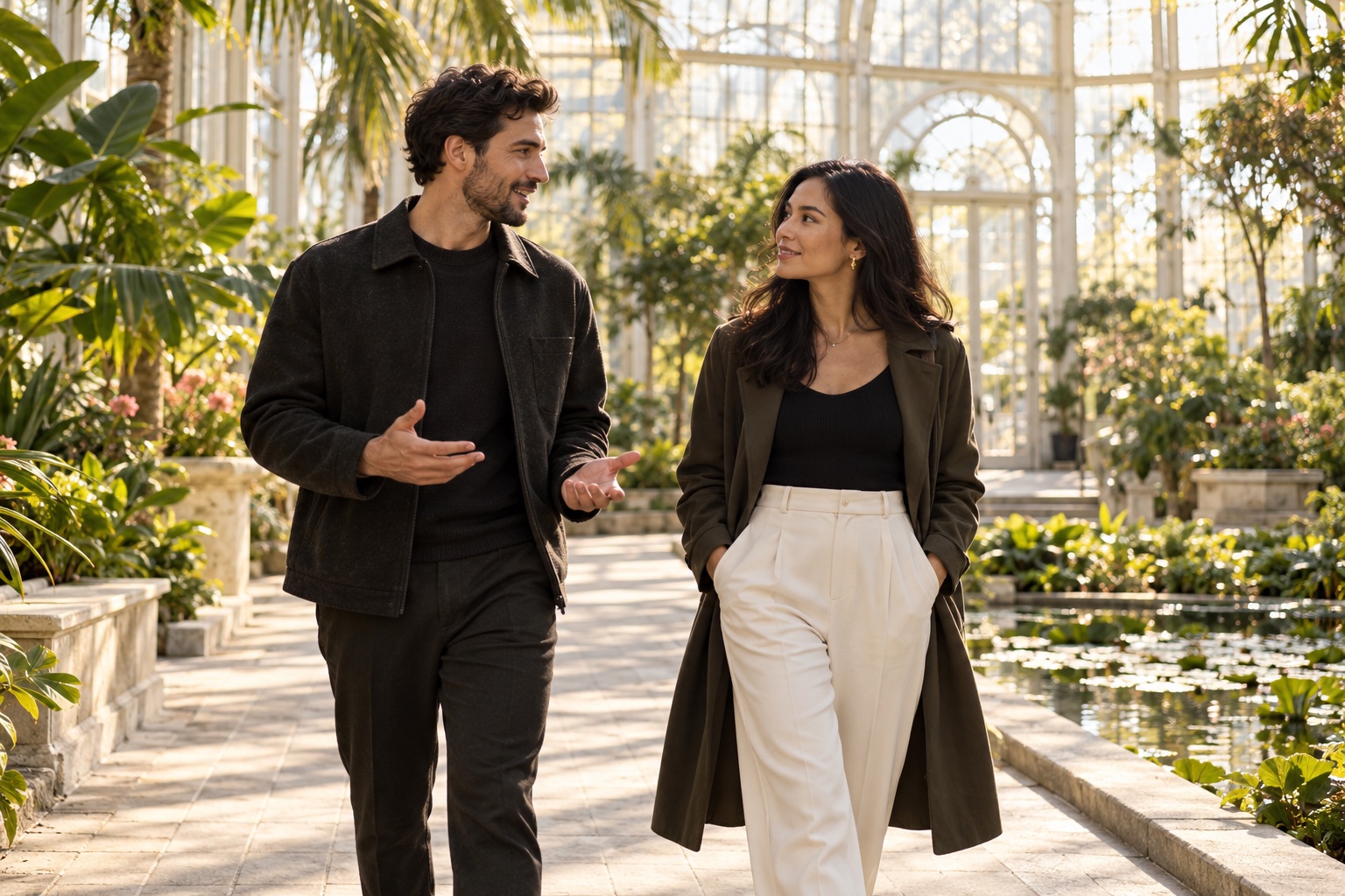 Two people walk and talk in a bright public conservatory, with relaxed and respectful body language.