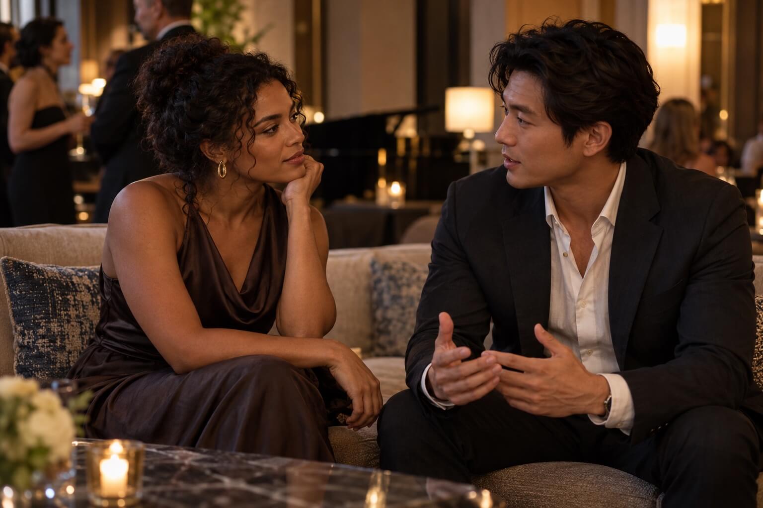 Two people share a quiet, attentive conversation in an intimate lounge.