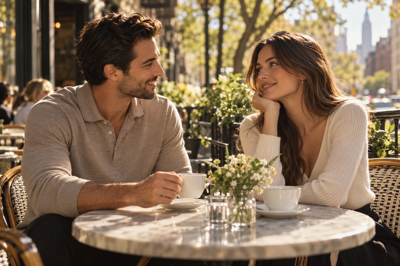 An original editorial photograph of an attractive couple conversing warmly at a sunlit cafe terrace.