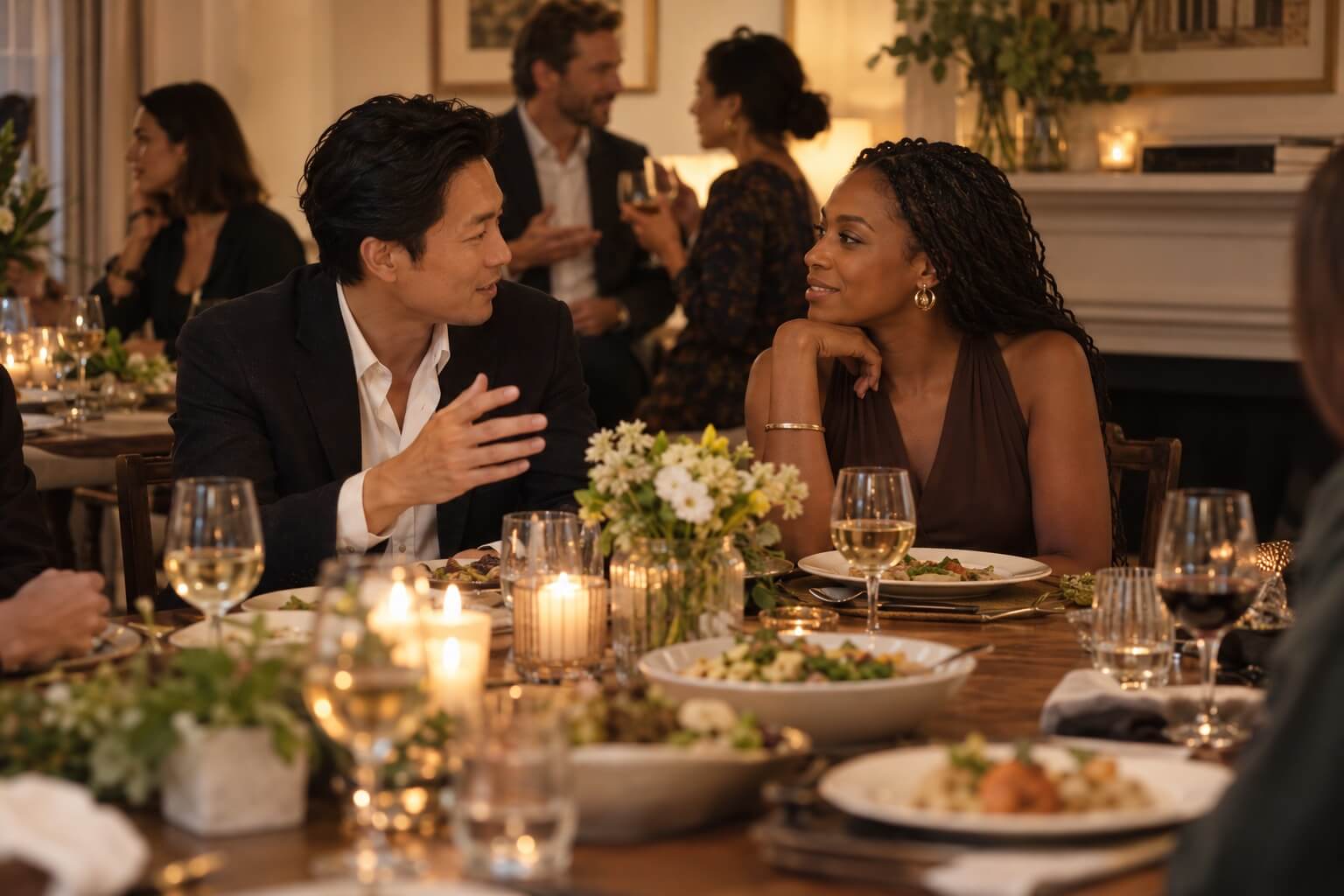 Two guests share an engaging conversation over dinner.