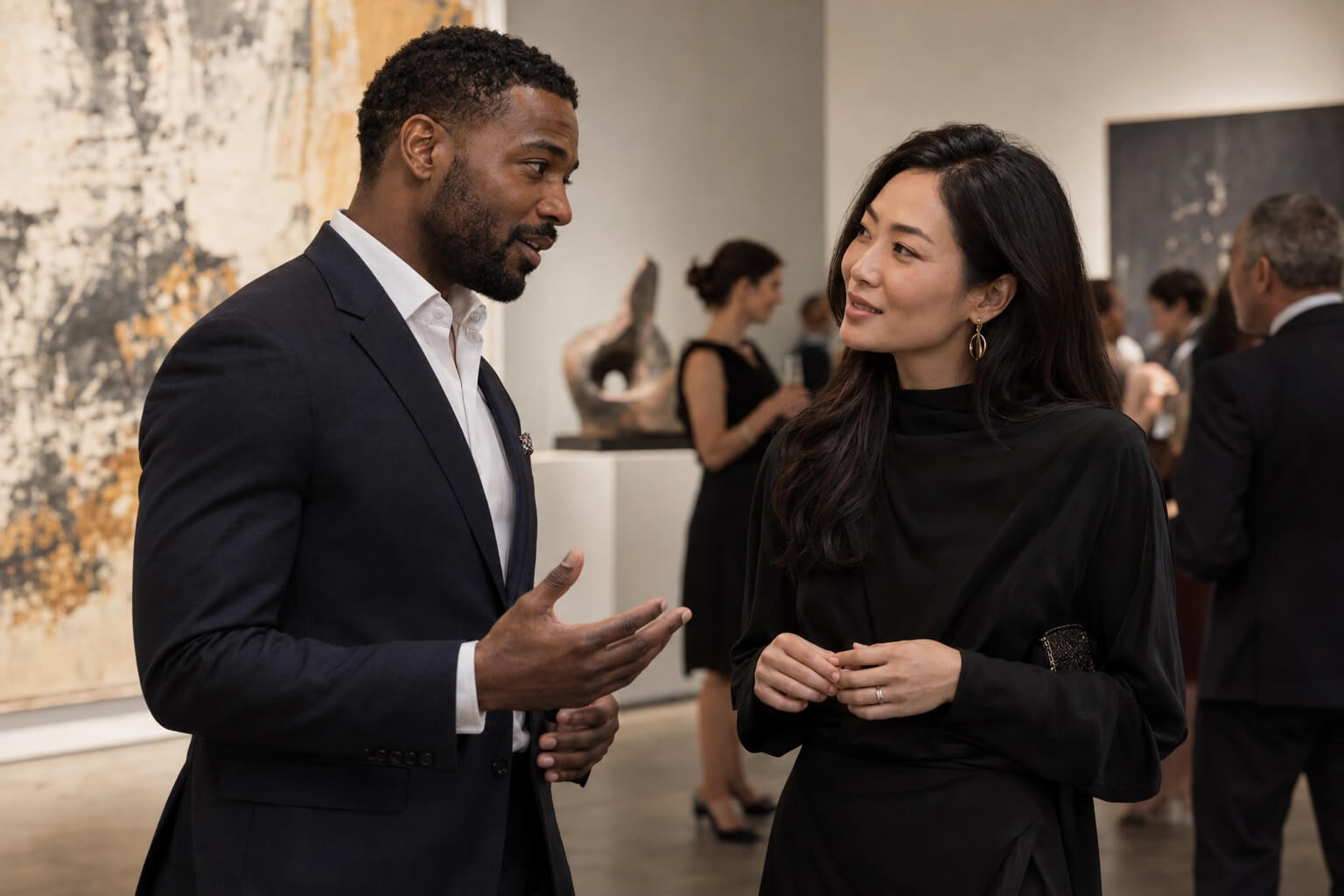 Two guests converse during an evening art gallery reception.