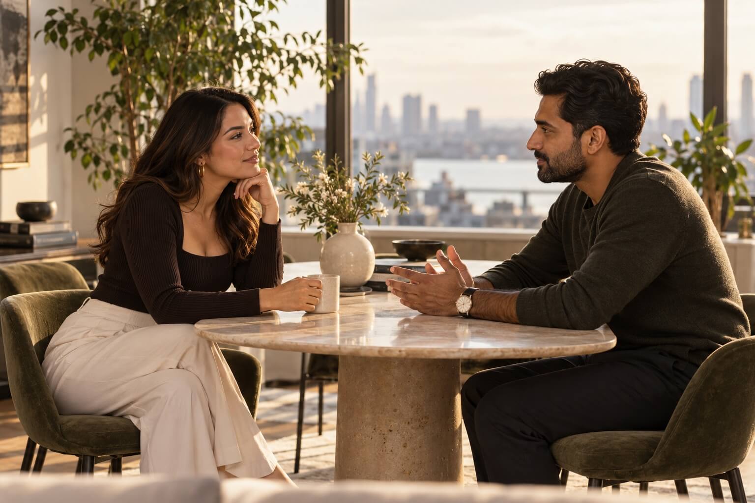 Two people talk over coffee beside a city skyline.