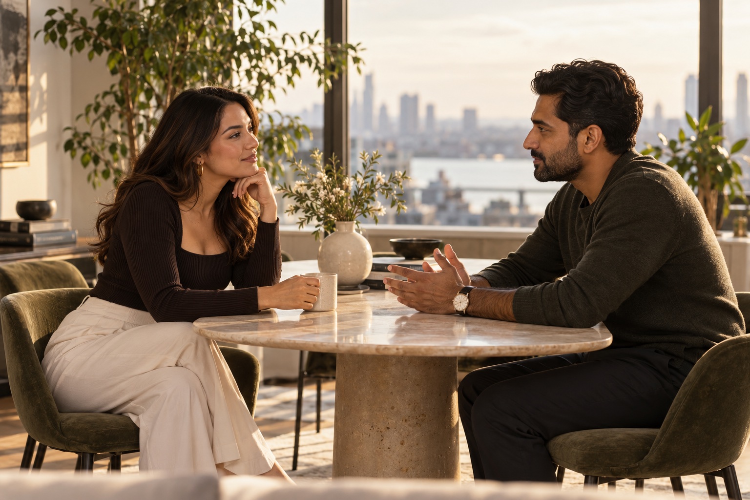 Two people share a thoughtful conversation about the future at a table beside a city view.