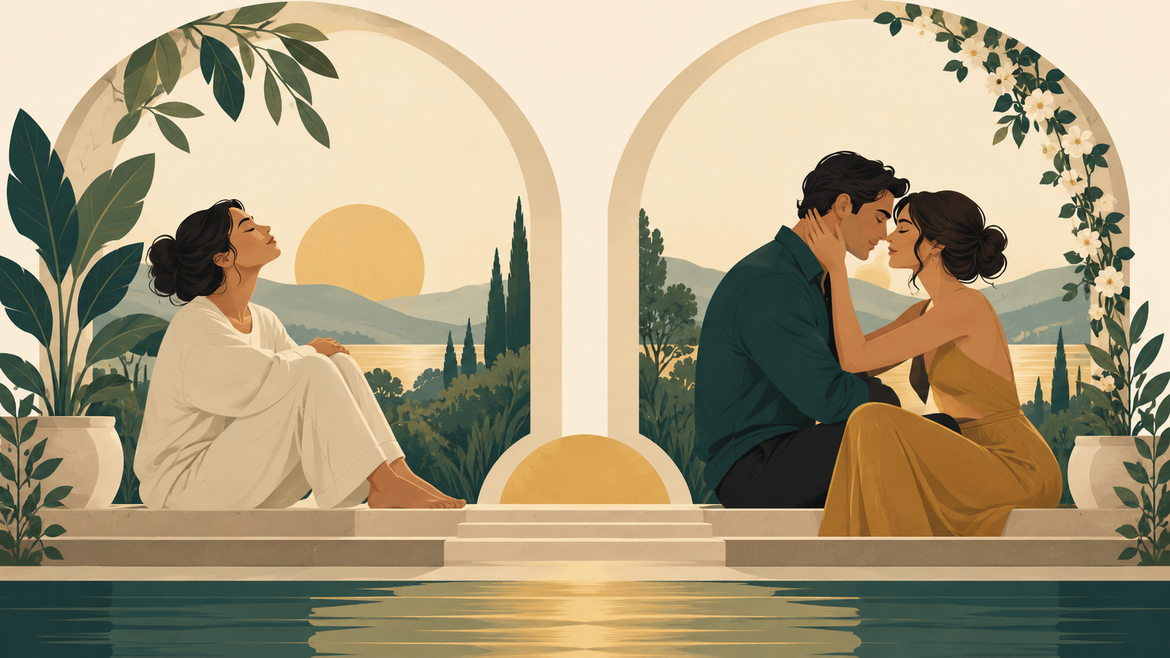 An illustrated woman enjoys a quiet moment alone while a couple shares an affectionate moment in a garden setting.