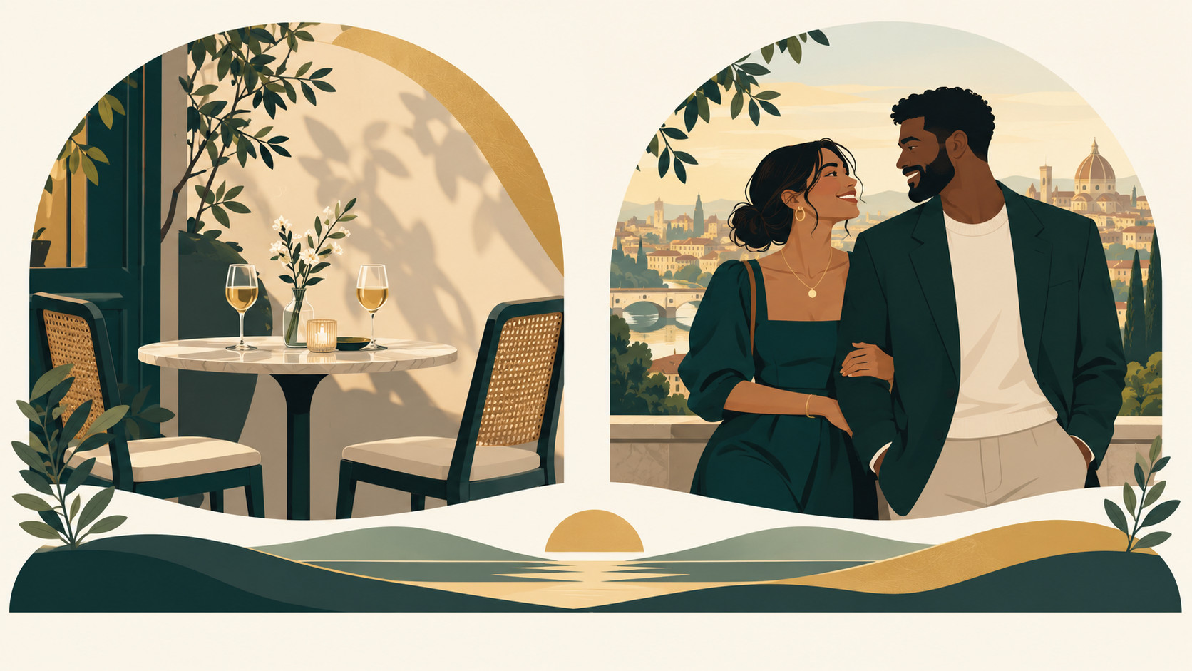 An illustrated private table for two contrasts with a couple sharing a city outing.