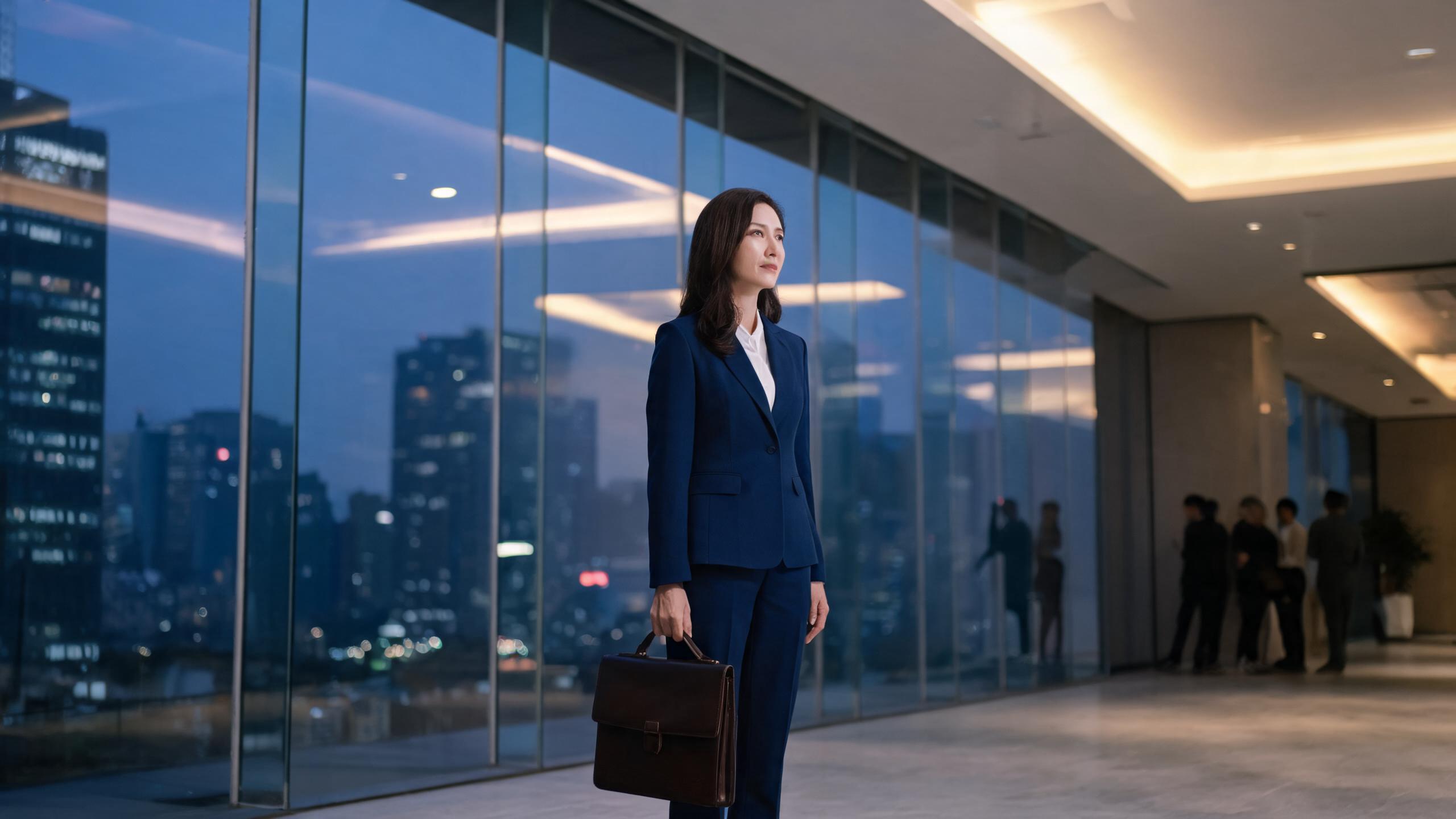 A senior executive pauses in a glass office lobby at dusk.