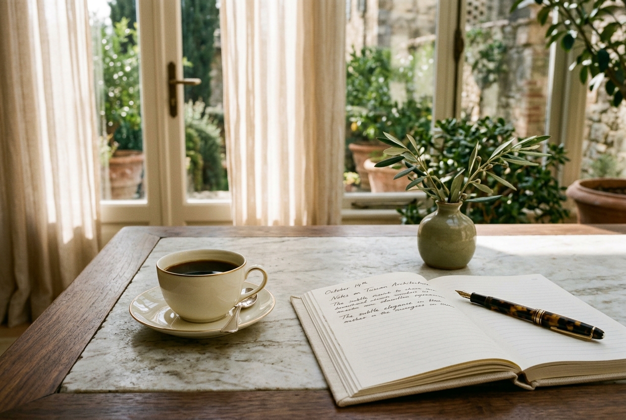 Sunlit morning scene with fresh coffee, leather notebook, and fountain pen on a marble desk